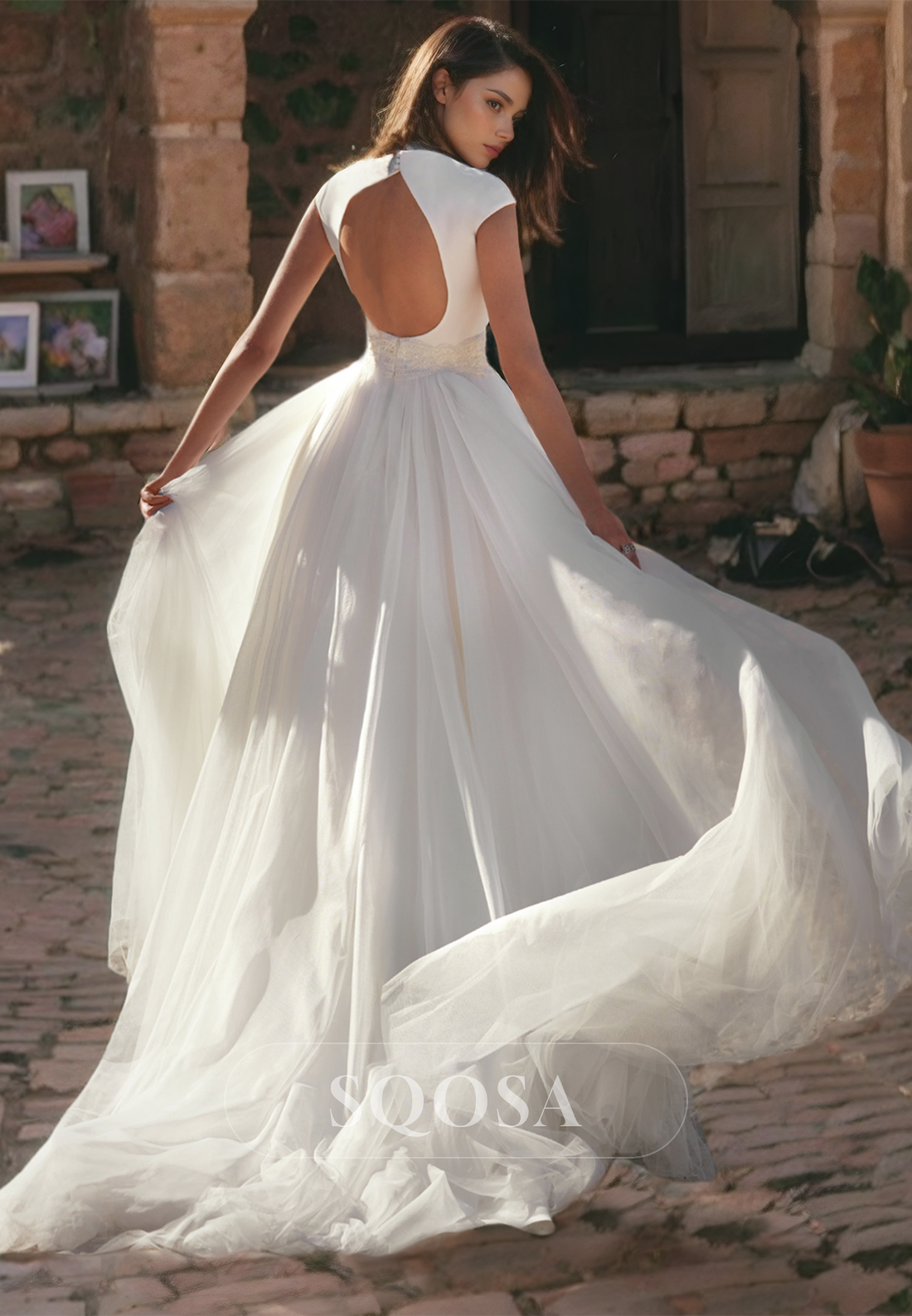 V-Neck Sleeveless Beach Gowns Applique A-Line with Tulle Sweep Train Boho Wedding Dress