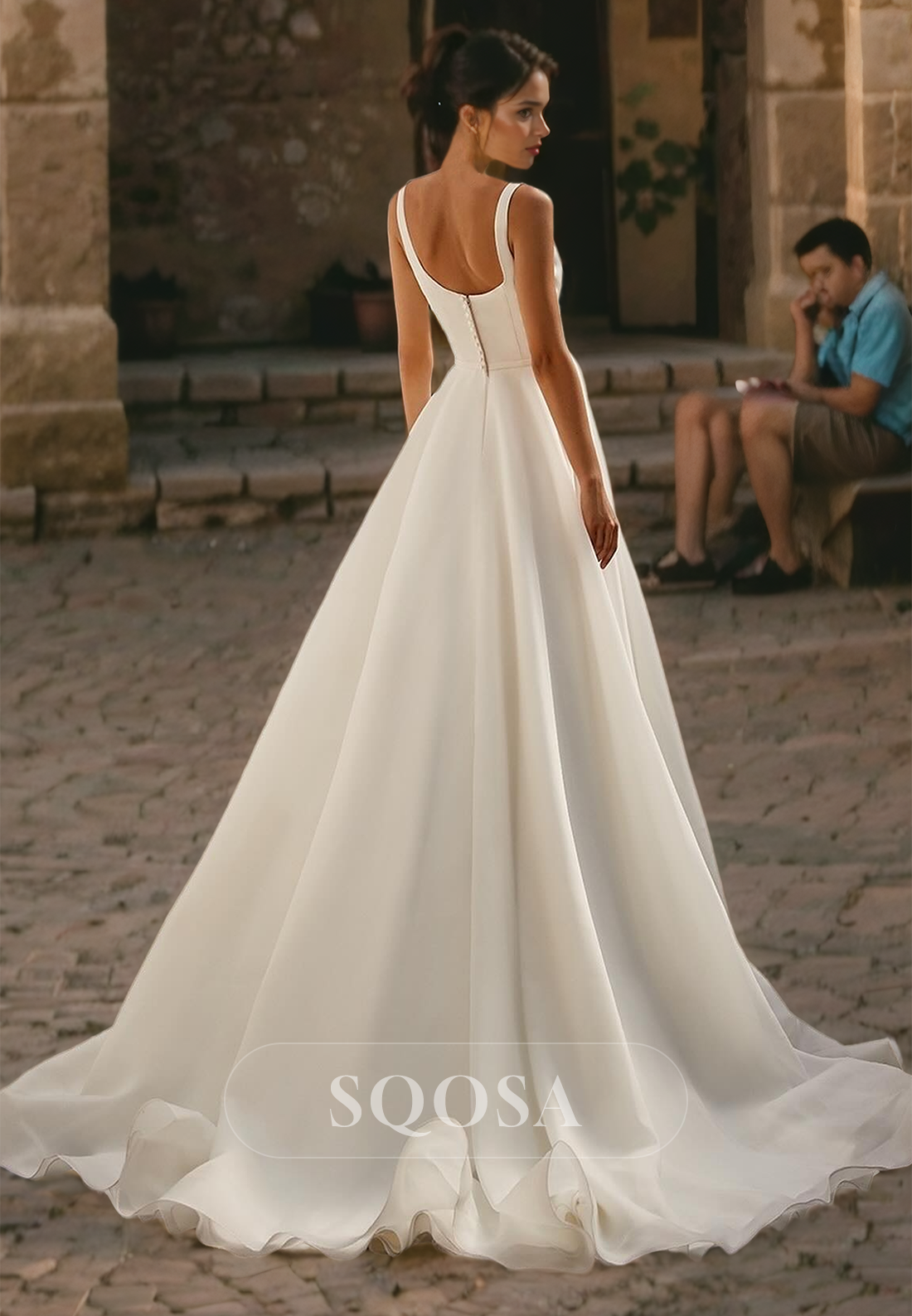 Simple Square-Neck Straps Sleeveless A-Line Chiffon with Sweep Train Beach Wedding Dress