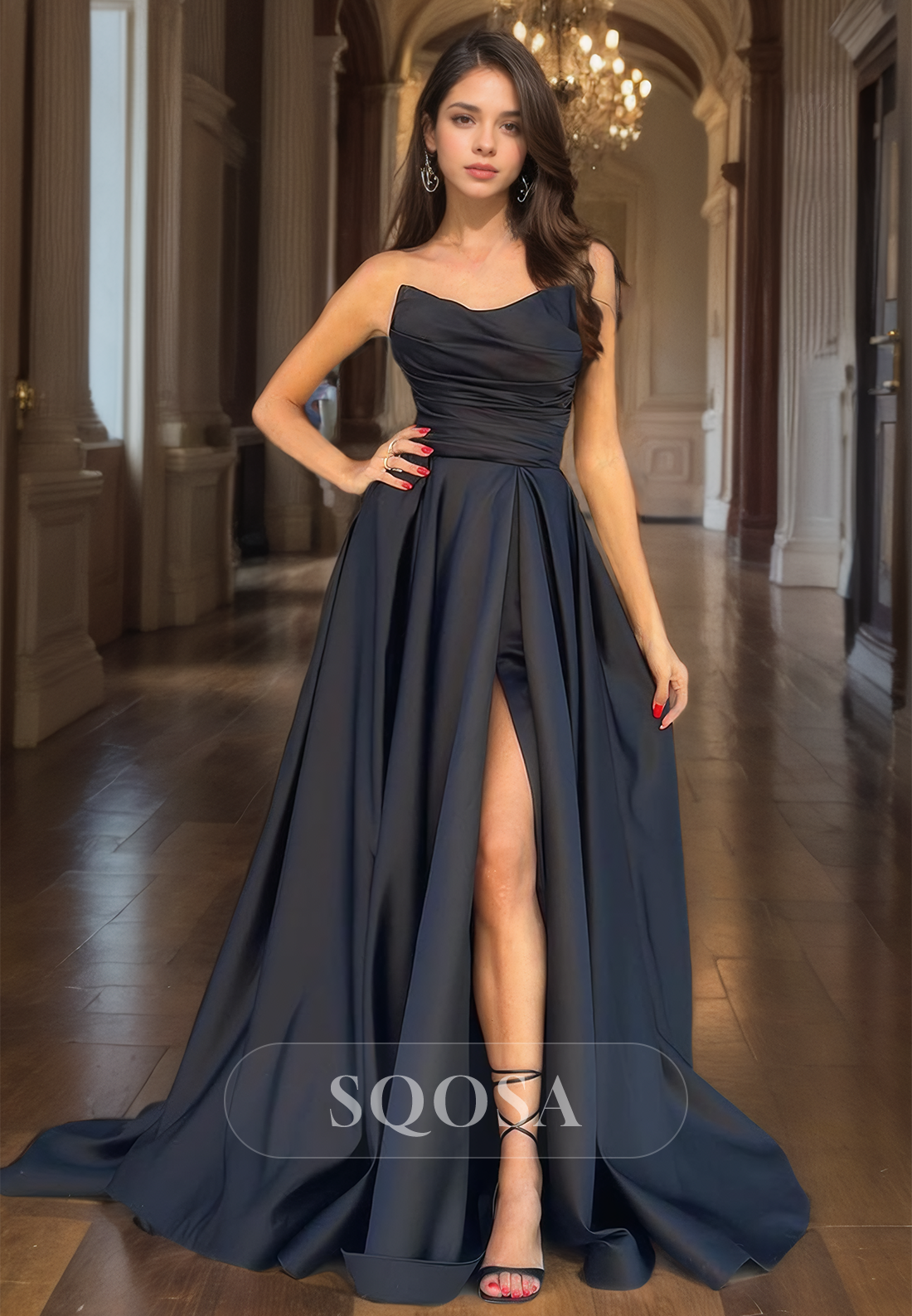 A-Line Strapless Pleated Satin Formal Dress Sleeveless High Split with Sweep Train Prom Dress