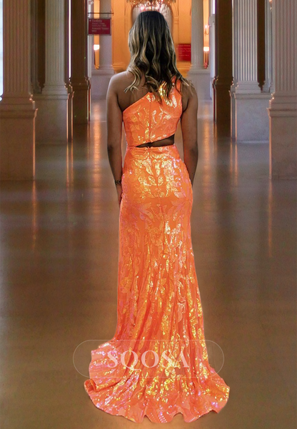 Asymmetrical Neck Sleeveless Fitted Prom Dress Applique Floor Length with Slit Parey Gown