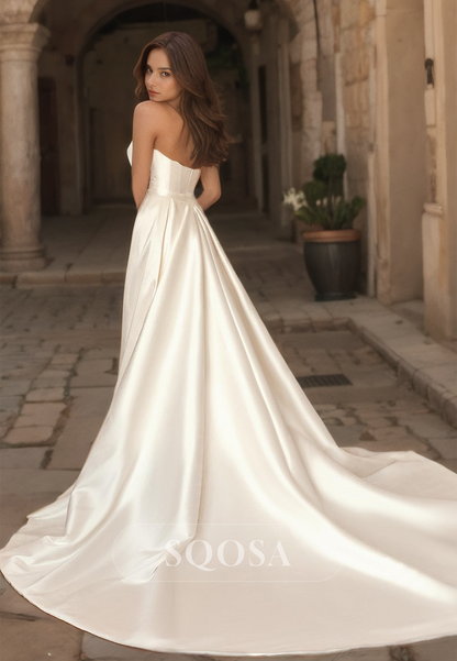 V-Neck Sleeveless Pleated Satin Mermaid Wedding Dress Sweep Train Bridal Dress with Overskirt