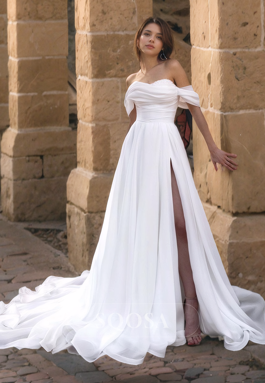 Off-Shoulder A-Line Sweetheart Pleated Beaded Chiffon With Train Wedding Dress