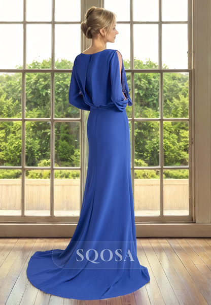 Sheath V neck Long Sleeves Elegant Mother of the Bride Dress Long Cocktail Dress