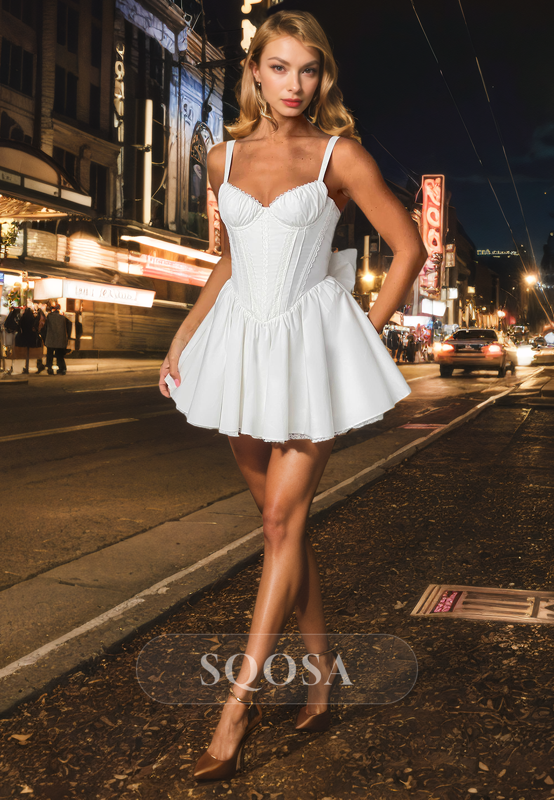 Spaghetti Straps Sweetheart White Cute Homecoming Dress with Pockets Short Graduation Dress