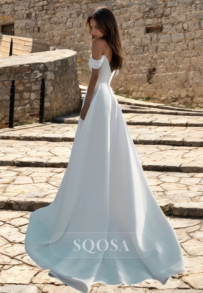 A Line Scoop Satin Simple Wedding Dress with Slit Bridal Gown