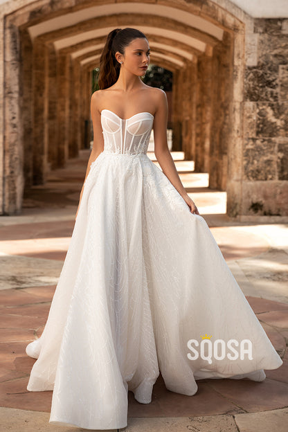 Sweetheart Detachable Long Sleeve Appliques With Train A-Line Wedding Dress  QW8093