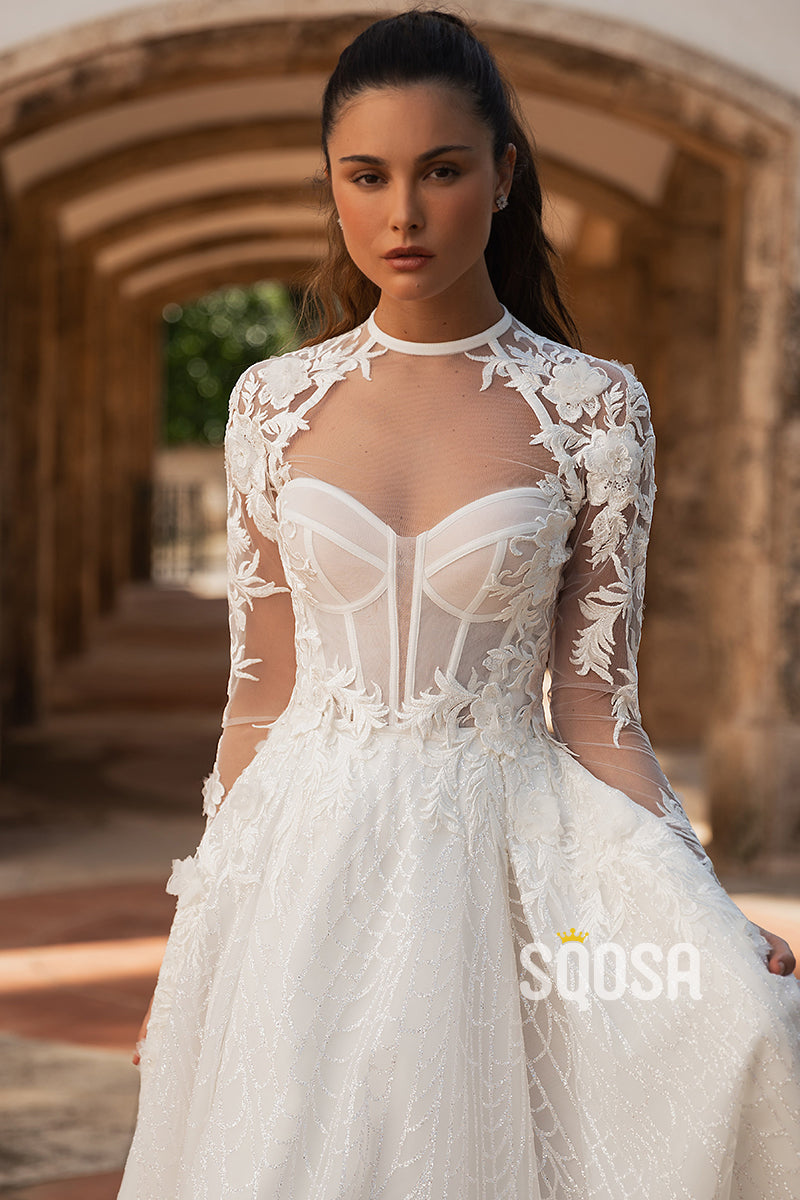 Sweetheart Detachable Long Sleeve Appliques With Train A-Line Wedding Dress  QW8093