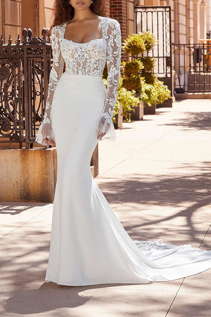 Mermaid Wedding Dress Square Neckline Long Sleeves Boho Wedding Gown QW2293