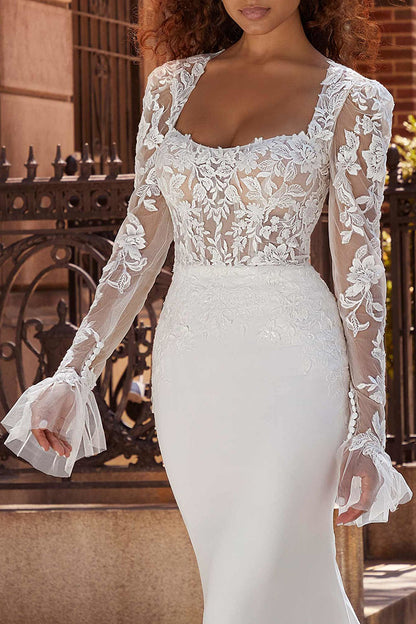 Mermaid Wedding Dress Square Neckline Long Sleeves Boho Wedding Gown QW2293