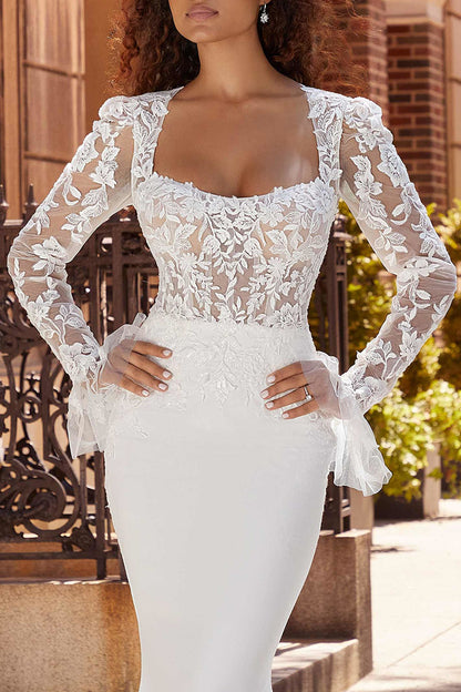 Mermaid Wedding Dress Square Neckline Long Sleeves Boho Wedding Gown QW2293