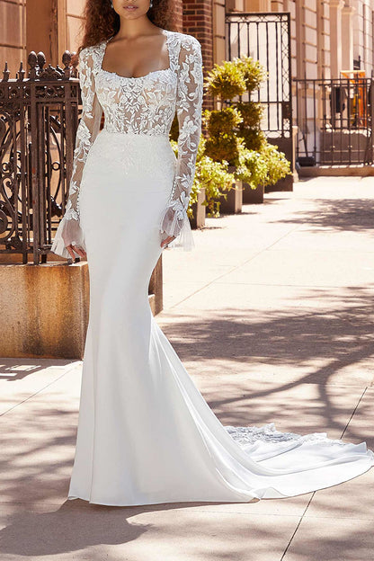 Mermaid Wedding Dress Square Neckline Long Sleeves Boho Wedding Gown QW2293