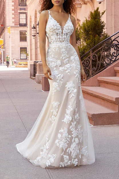 Spaghetti Straps Lace Appliques Mermaid Wedding Dress with Court Train QW2295