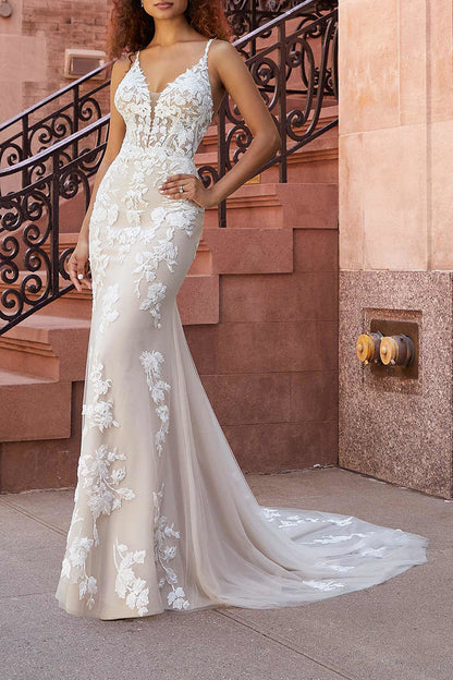 Spaghetti Straps Lace Appliques Mermaid Wedding Dress with Court Train QW2295