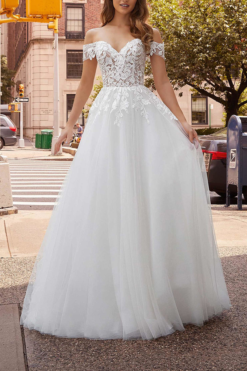 Off Shoulder Lace Appliques Rustic White Wedding Dress with Detachable Skirt Bridal Gown QW2292