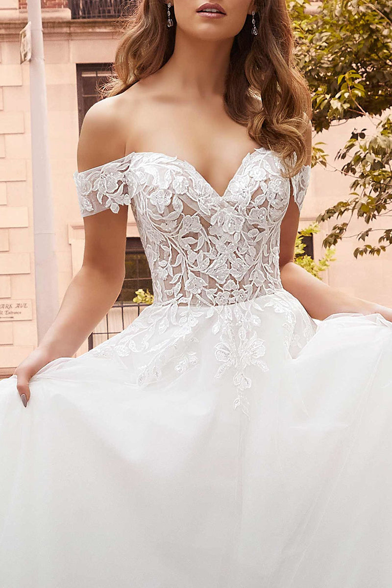 Off Shoulder Lace Appliques Rustic White Wedding Dress with Detachable Skirt Bridal Gown QW2292