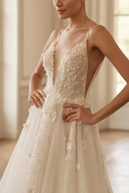 Plunging V-Neck Lace Appliques Bohemian Wedding Dress QW2189