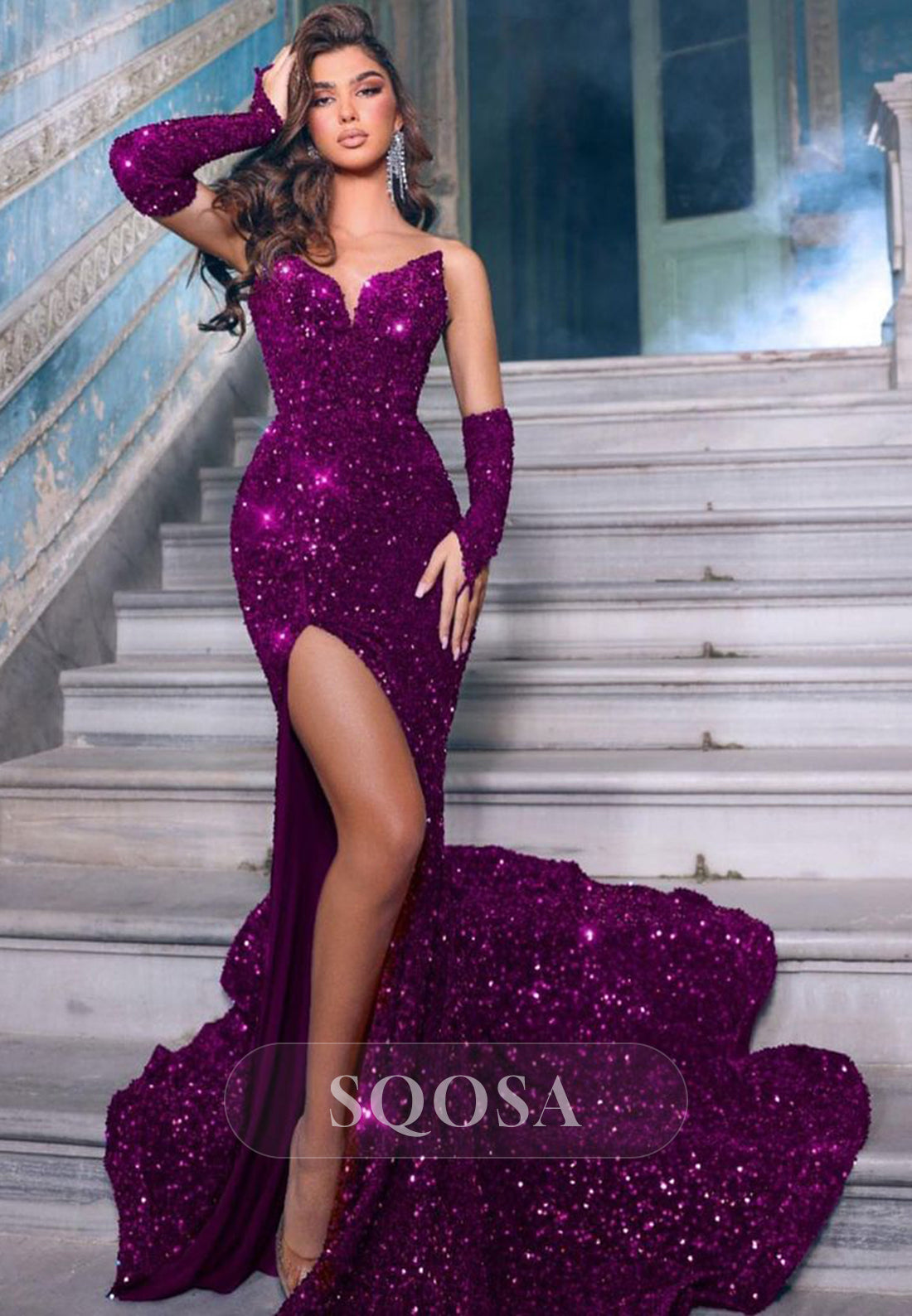 Sexy V-Neck Sequins Mermaid Sparkly Prom Dress with Slit