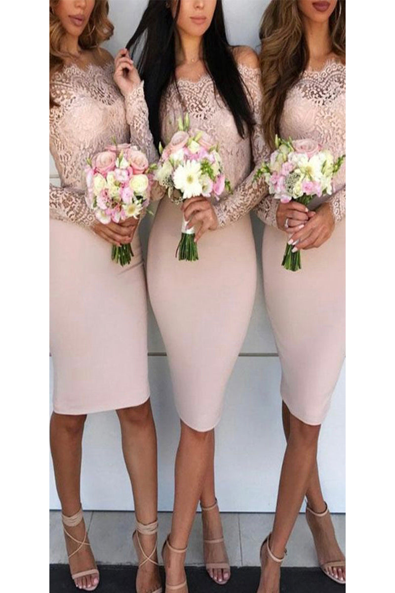 Off the Shoulder Lace Long Sleeves Short Bridesmaid Dress QB3069