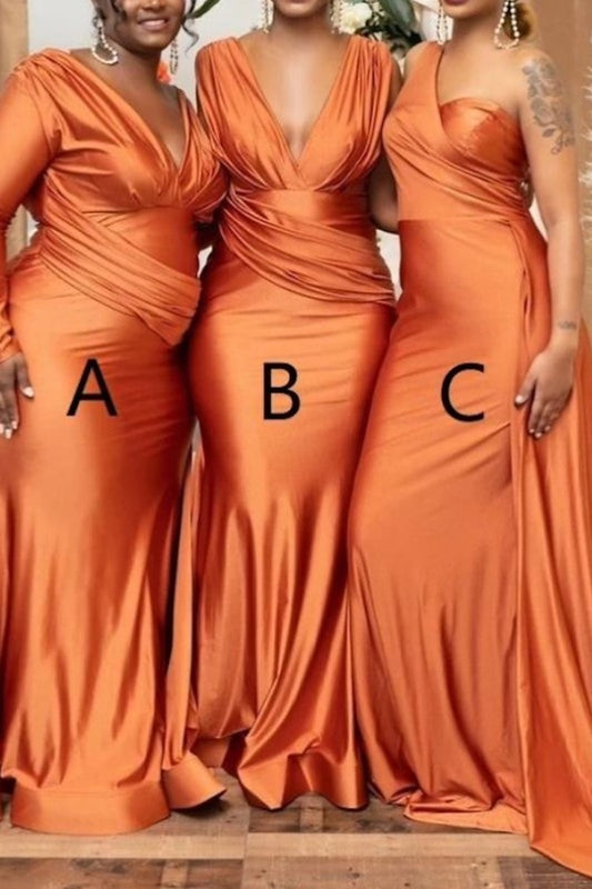 Mismatched Pleats Orange Mermaid Long Bridesmaid Dress for Black Girl QB3117