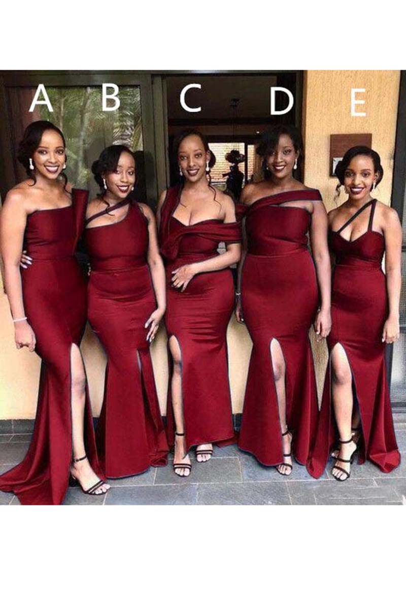 Mismatched Side Slit Mermaid Burgundy Bridesmaid Dress QB3121