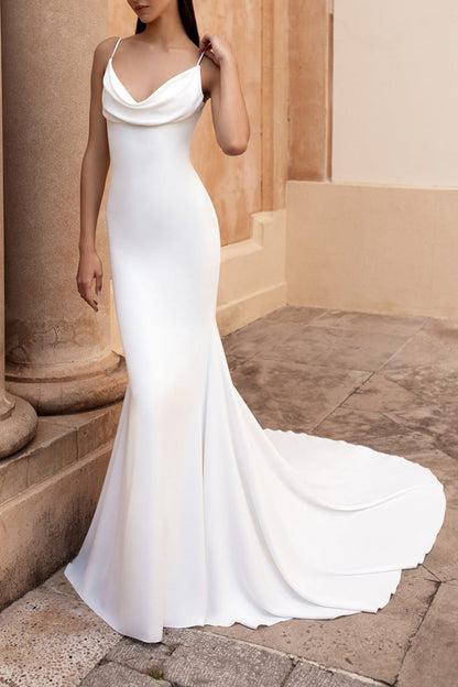 Spaghetti Straps Simple Mermaid Satin Wedding Dress with Court Train QW2298