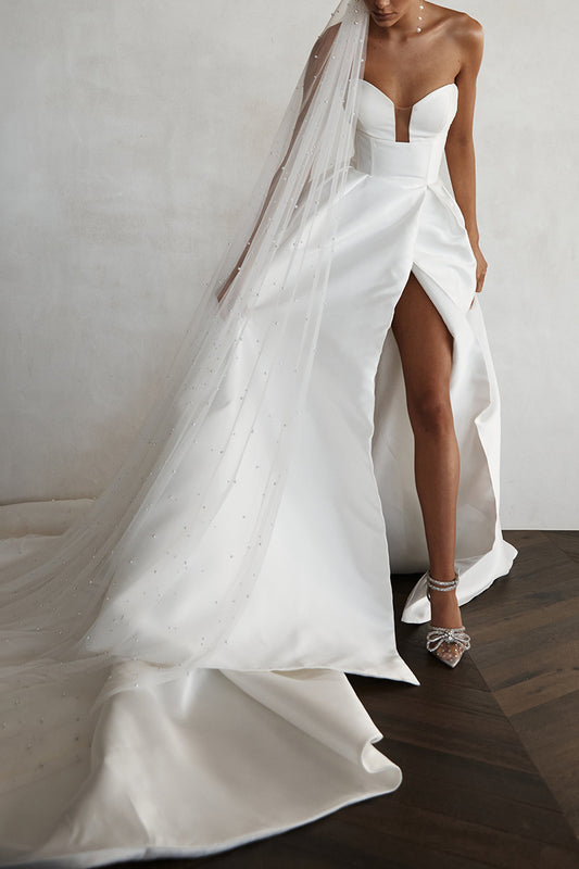 A line V Neck Side Slit Satin Simple Wedding Dress Bridal Gown QW0902