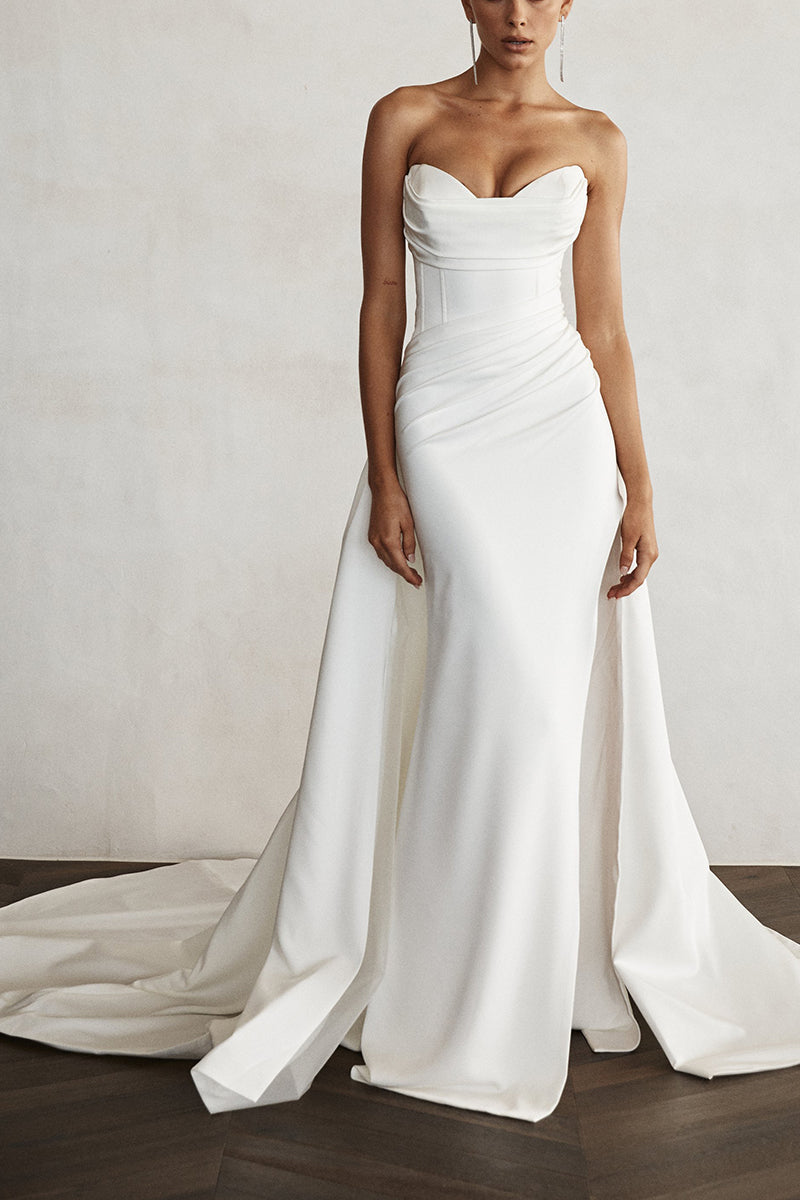 Sheath Sweetheart Satin Pleats Side Slit Simple Wedding Dress QW0907