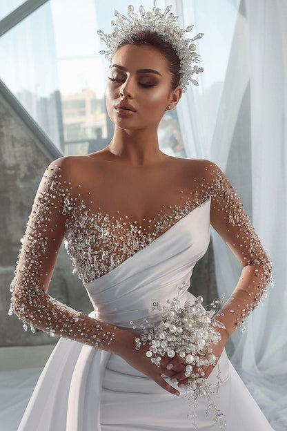 Illusion Neckline Luxury Beads Long Sleeves Wedding Dress QW0926