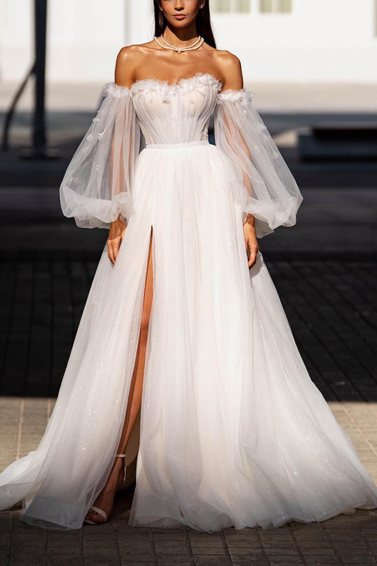 A Line Sweetheart Hall Casual Wedding Dress with Sleeves Appliques Rustic Bridal Gowns QW2611