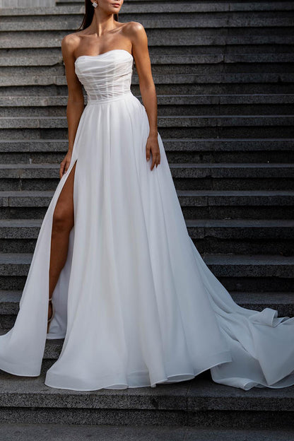 A Line Strapless Hall Casual Wedding Dress Pleats Split White Boho Bridal Gown QW2612