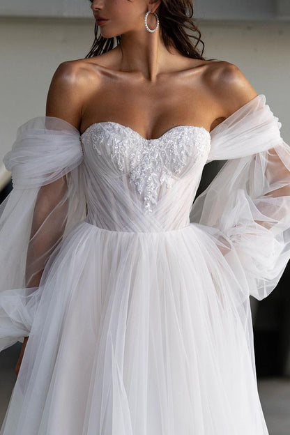 A Line Sweetheart Appliques Hall Casual Wedding Dress with Sleeves Rustic Bridal Gowns QW2613