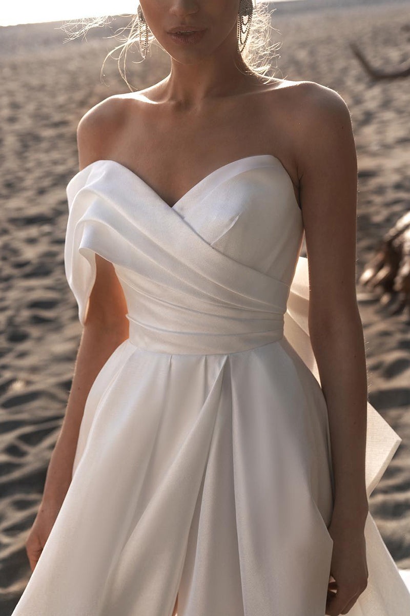 Hall Casual White Wedding Dress A LIne Off Shoulder Satin Pleated Simple Bridal Gowns QW2655