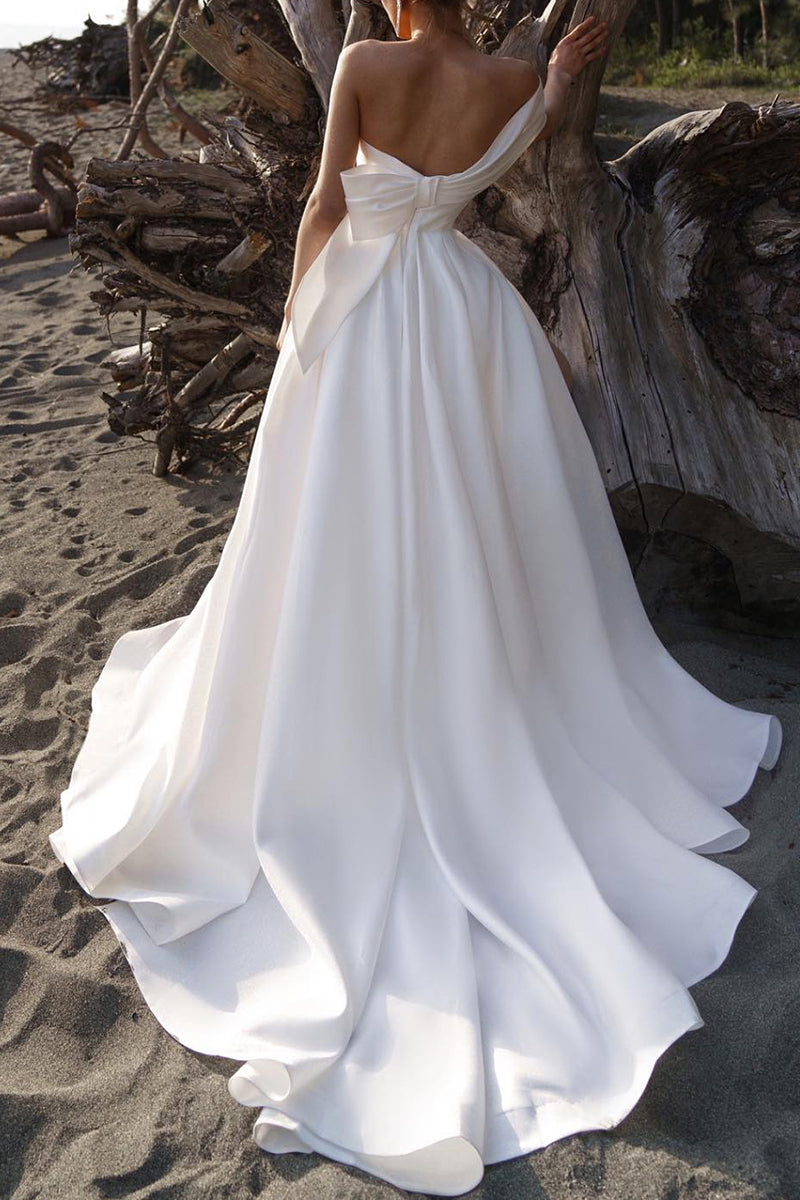 Hall Casual White Wedding Dress A LIne Off Shoulder Satin Pleated Simple Bridal Gowns QW2655