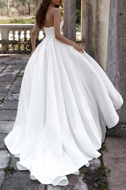 A Line Sweetheart White Satin Hall Casual Wedding Dress Rustic Bridal Gowns QW2661