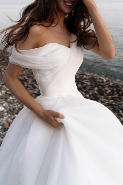 A Line One Shoulder Organza Pleats Hall Casual White Wedding Dress QW2662