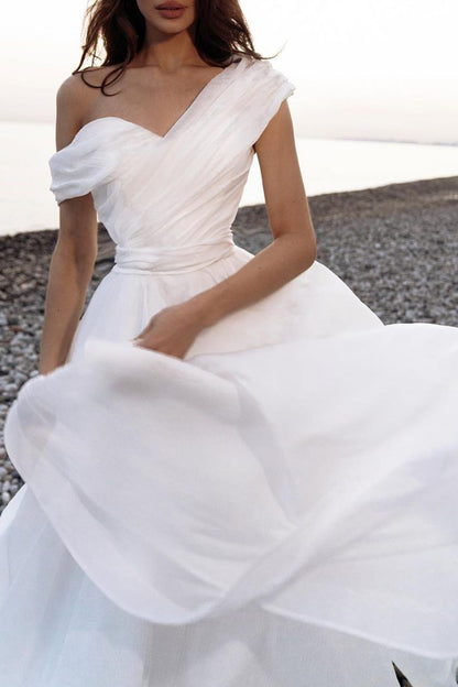 A Line One Shoulder Organza Pleats Hall Casual White Wedding Dress QW2662