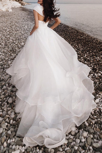 A Line One Shoulder Organza Pleats Hall Casual White Wedding Dress QW2662