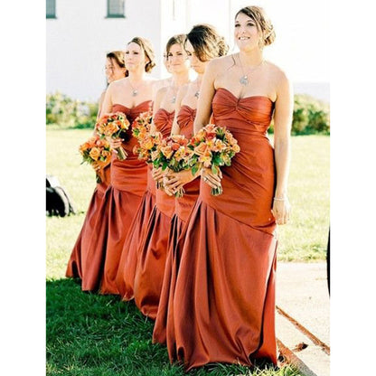 Rust Sweetheart Satin Pleated Long Bridesmaid Dress QB3097