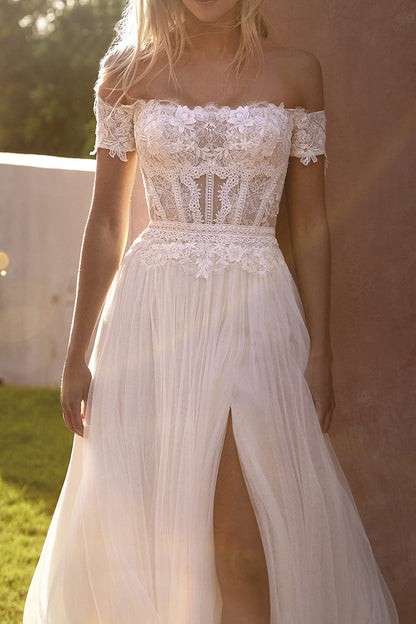 A Line Off Shoulder Lace Short Sleeves Boho Wedding Dress with Slit QW2121