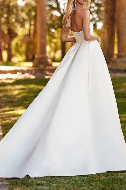 A Line One Shoulder Side Slit Satin Wedding Dress QW2101