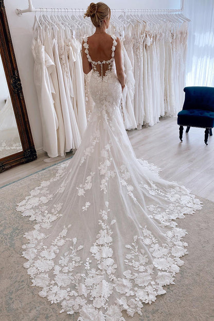 Plunging Illusion V Neck 3D Lace Mermaid Wedding Dress QW2154