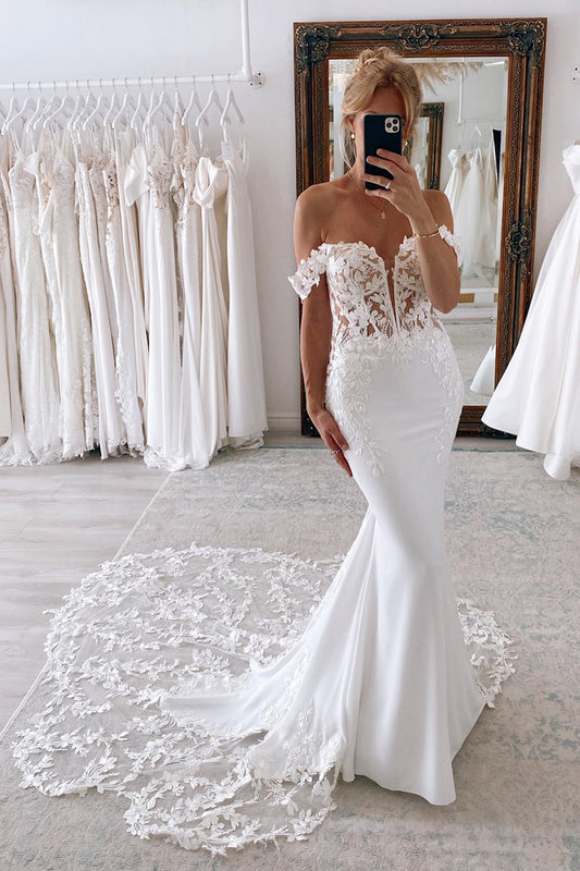 Illusion Deep V Neck Lace Appliques Mermaid Wedding Dress with Court Train QW2149