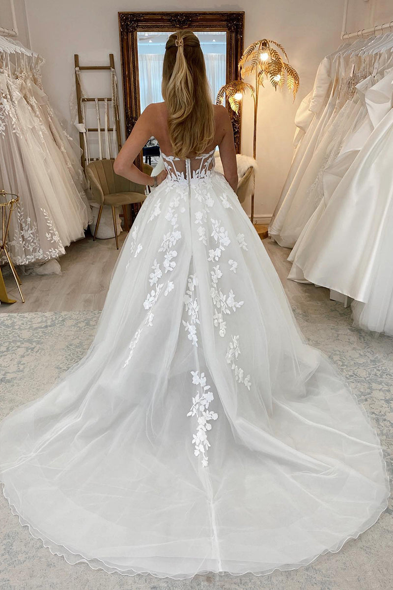 A Line Illusion V neck Lace Appliques Rustic Wedding Dress with Slit QW2142