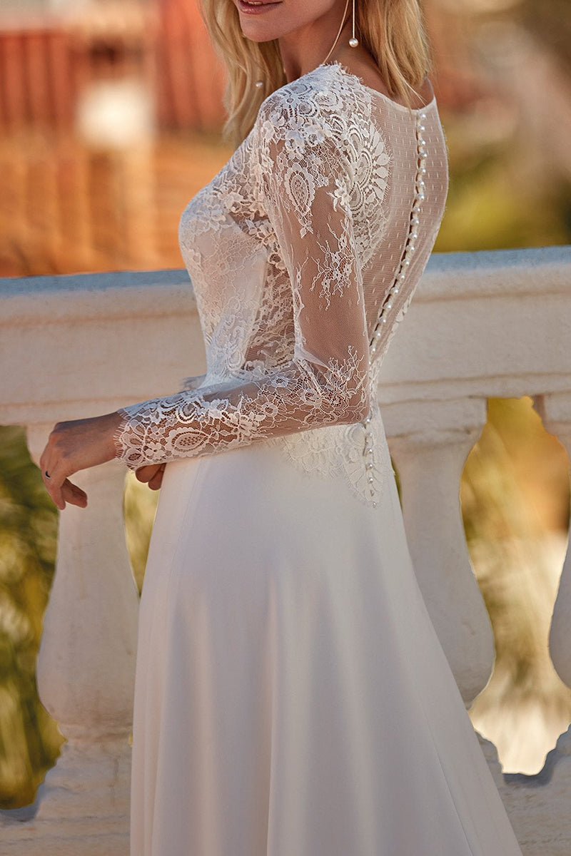 A Line Illusion V Neck Long Sleeves Lace Wedding Dress QW2108