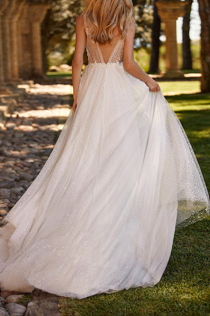 A Line Illusion V Neck Appliques Boho Wedding Dress with Slit QW2107