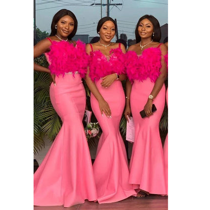 Sexy Hot Pink Feathers Long Bridesmaid Dress QB3102