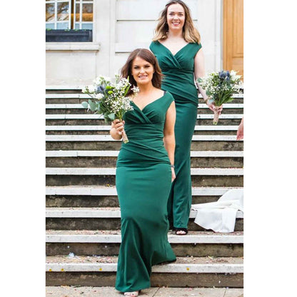 Sexy V Neck Green Mermaid Long Bridesmaid Dress QB3098