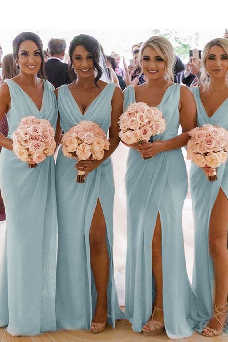 Sexy V Neck Pleats Side Slit Long Bridesmaid Dress QB3126