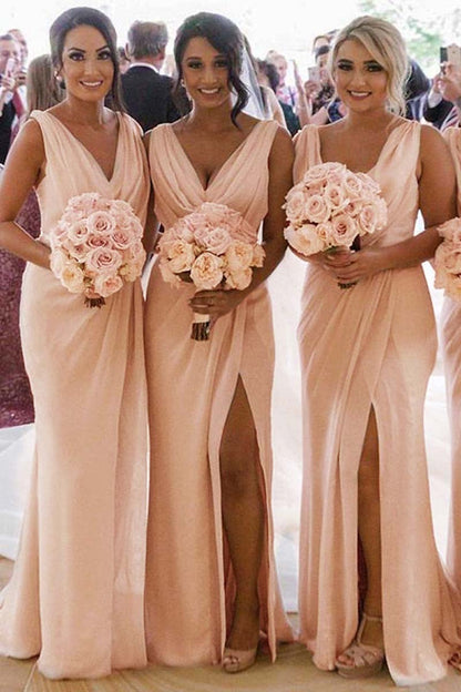 Sexy V Neck Pleats Side Slit Long Bridesmaid Dress QB3126