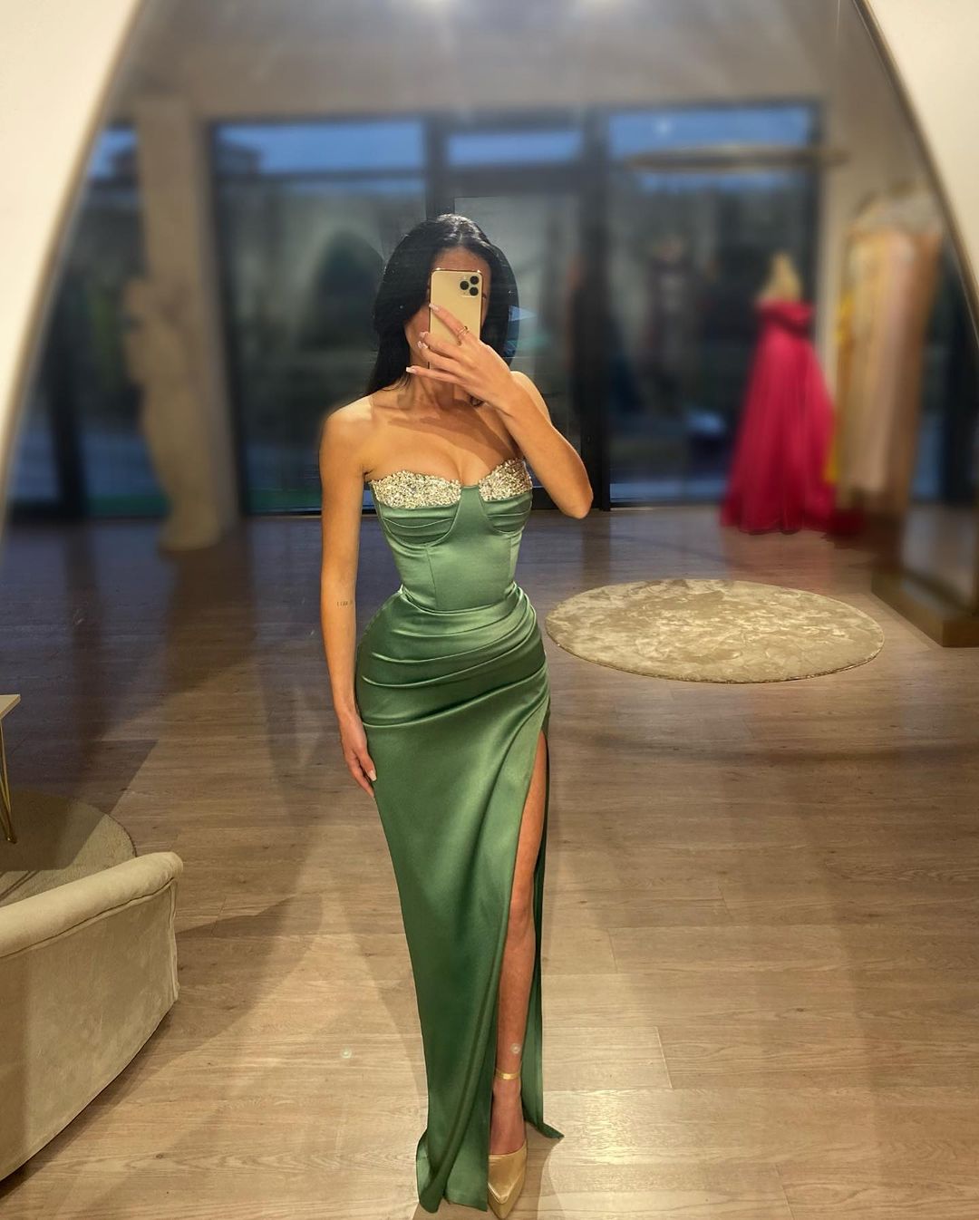 Sheath/Column Strapless Beaded Green Long Sleeves Prom Dress with Slit QP0865